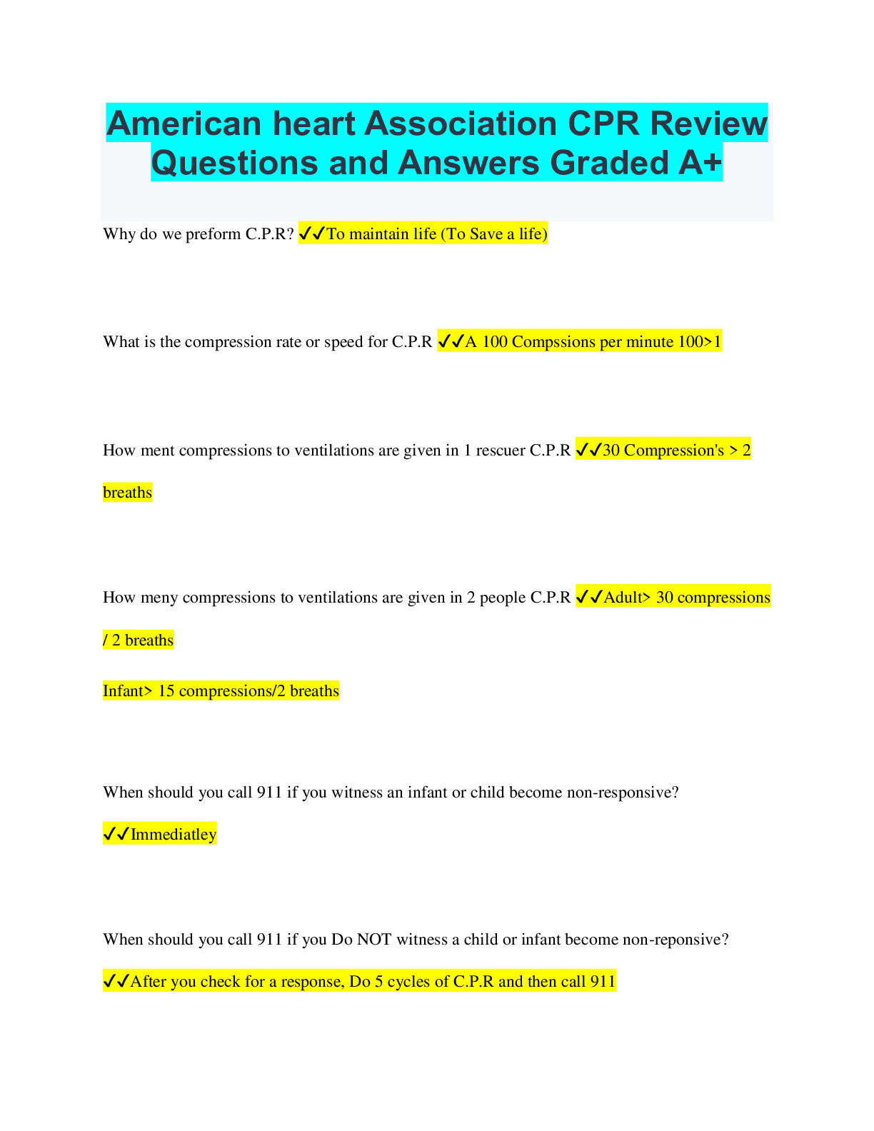 AHA CPR certification test questions and answers already passed